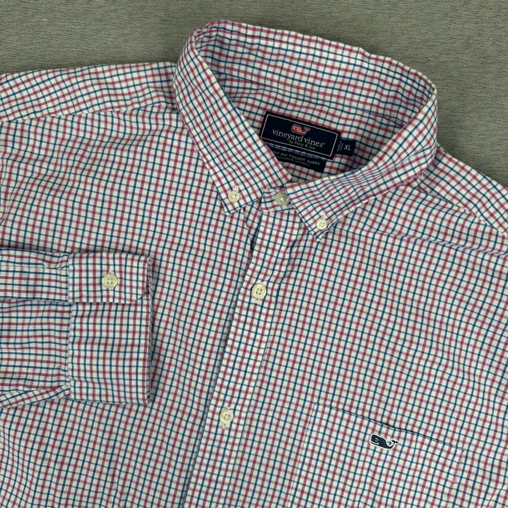 Vineyard Vines Tucker Shirt Mens XL Classic Fit Red Blue Check Cotton Stretch